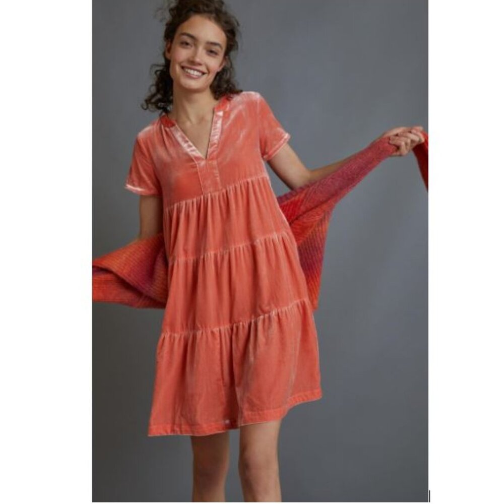 Anthropologie Harper Velvet Tunic Dress in Dried Coral - Size Medium - NWT